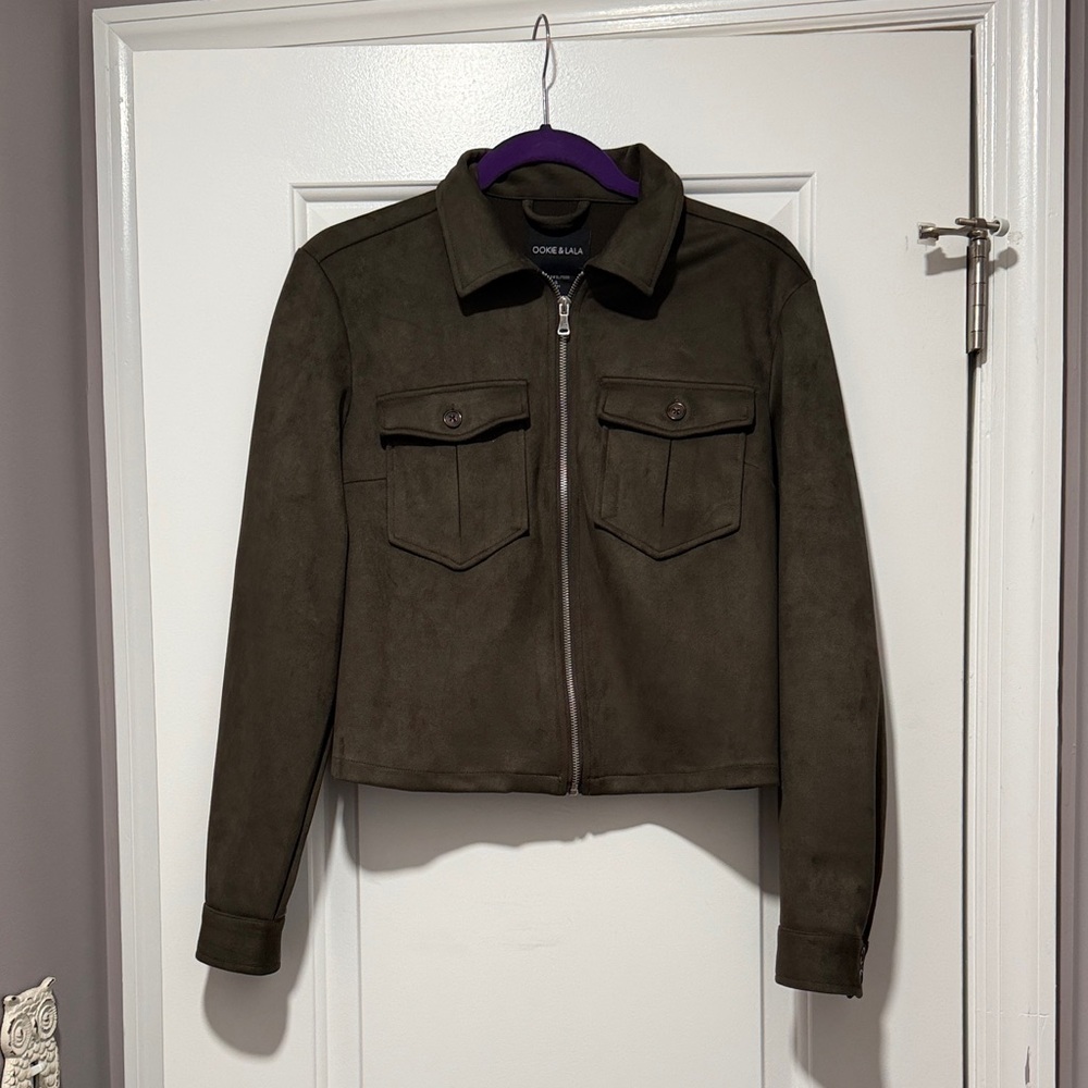 Olive Green Suede Zip-Front Jacket